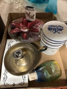 lot 97 image: Box lot- plates, dolphin plug in light, candlestick holder, canister