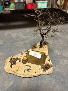lot 109 image: Vintage rock art with brass tent and mini camping accessories