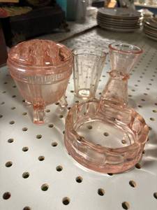 lot 131 image: Pink depression glass tumbler, vase, flower frog, powder jar bottom