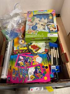 lot 166 image: Large Qty craft kits, supplies, Lisa frank glitter art, wind chime kit, foam brushes, coloring posters