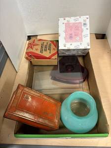 lot 169 image: Box lot- chocolate tin, glass vases, precious moments figurine, Marlboro bottle opener