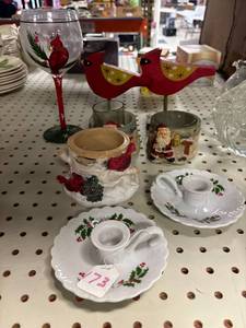 lot 173 image: Christmas lot- votive holders, cardinal wood decor, Lenox candle holders, wine glass
