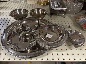 lot 189 image: Silver plate tray, wine glasses, sm bowls and apple tray