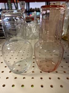 lot 192 image: Vintage glass tumbler up etched water carafes, pink depression