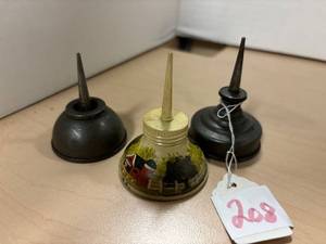 lot 208 image: 3- Vintage metal oil cans, one with painted farm scene