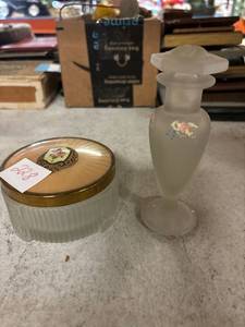 lot 228 image: Victorian era powder dish, with frosted glass perfume bottle