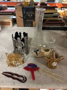 lot 229 image: Box lot- hair pins, candle holder, blue white shoe, vase