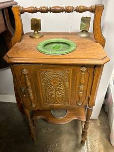 lot 245 image: Antique wooden smoking stand, with uranium glass ashtray, and parts