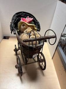 lot 271 image: Antique doll buggy, with teddy bears