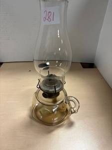 lot 281 image: Antique Waterbury finger oil lamp with burner and chimney