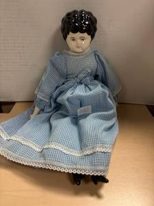lot 287 image: Antique ceramic doll, blue white dress, 17 inch long