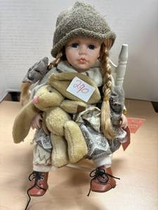 lot 290 image: 2003 porcelain doll, Julia, with teddy bear and chair