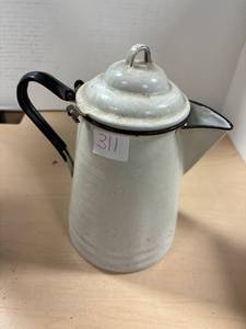 lot 311 image: Graniteenameled black trim coffee pot, 10 12 inch tall, 6 inch diameter.