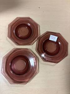 lot 314 image: 3-Vintage Hazel Atlas Amethyst Moroccan Octagon Amethyst Purple Glass saucers