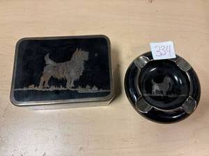 lot 334 image: Antique black onyx Scottie dog trinket box and ashtray