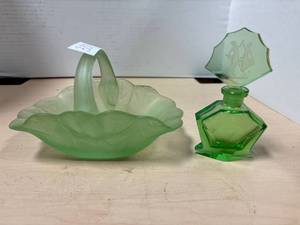 lot 337 image: Vintage frosted glass green basket with Art deco etched glass green perfume bottle