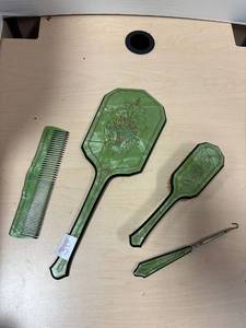 lot 344 image: vintage celluloid dresser set brush, comb, mirror, button hook