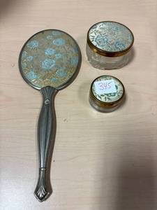 lot 345 image: Vintage art deco hand mirror, powder jar, trinket box