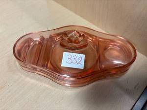 lot 332 image: Vintage MCM Pink Depression Glass Vanity tray with lid