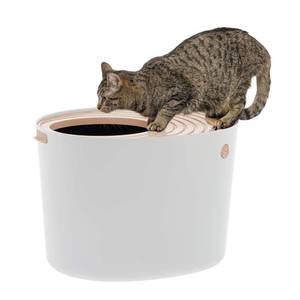 lot 61468 image: IRIS USA Large Stylish Round Top Entry Cat Litter Box with Scoop, Curved Kitty Litter Pan with Litter Particle Catching Grooved Cover and Privacy Walls, WhiteBeige