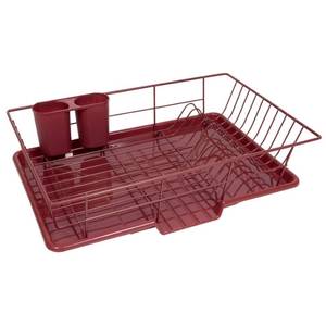 lot 61492 image: Sweet Home Collection 3 Piece Metal Dish Drainer Rack Set with Drying Board and Utensil Holder, 12 x 19 x 5 Inch, Burgundy