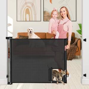 lot 61497 image: Retractable Baby Gate with Door, 55in Wide with Cat Door, Black
