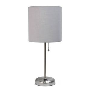 lot 61533 image: Simple Designs Brushed Steel Stick Table Desk Lamp with Charging Outlet and Drum Fabric Shade, Gray Shade