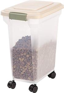 lot 61548 image: IRIS USA 22 Lbs  28 Qt WeatherPro Airtight Pet Food Storage Container with Attachable Casters, AlmondClear