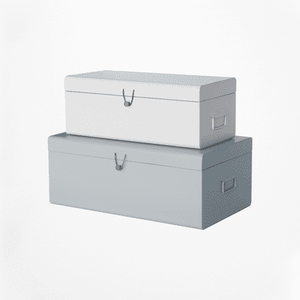 lot 61566 image: American Atelier Daven Decorative Metal Box Trunks, Set of, Soft Blue & White