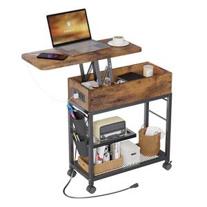 lot 61579 image: Colima Lift Top End Table with Charging Station and Wheels, Rustic Wood