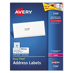 lot 61618 image: Avery Easy Peel White Mailing Labels for Laser Printers, 1 x 2.62 Inch, Box of 3000 Labels (5160), 6-Pack