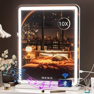 lot 61630 image: Hasipu Vanity Mirror with Lights and Bluetooth Speaker, 20 x 25 Inch LED Makeup Mirror, Light up Mirror with 10X Magnification and USB Charging Port, Smart Touch 3 Colors Dimmable (White)