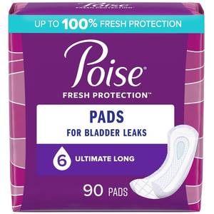 lot 61646 image: Poise Incontinence Pads & Postpartum Incontinence Pads, 6 Drop Ultimate Absorbency, Long Length, 90 Count (2 Packs of 45), Packaging May Vary