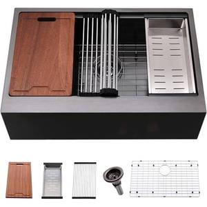 lot 61660 image: 33 Inch Black Farmhouse Sink Workstation - VAWSS 33 x 22 Farmhouse Kitchen Sink Gunmetal Black Stainless Steel Apron Front Sink 16 Gauge Stainless Steel Deep Single Bowl Farm Sinks