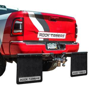 lot 61671 image: Rock Tamers 00112-3 Inch Official Mudflap System - 3 Inch Hitch Receiver - Hitch Mounted Mud Flaps to Protect What You Tow - Removeable and Adjustable-BlackStainless Steel - 1 System