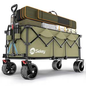lot 61672 image: Sekey 48 Inch L Collapsible Foldable Extended Wagon with 440lbs Weight Capacity, Heavy Duty 300L Folding Utility Garden Cart with Big All-Terrain Beach Wheels & Drink Holders. Khaki