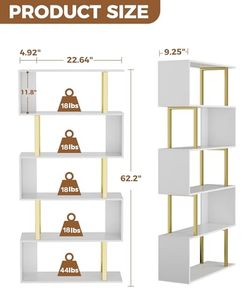 lot 61675 image: Gadroad Geometric Bookcase,S Shaped Bookshelf, Wood Decorative Storage Shelving, Modern Freestanding Display Shelves, Tall Book Shelf Unit for Living Room Bedroom (Gold, 5 Tier)