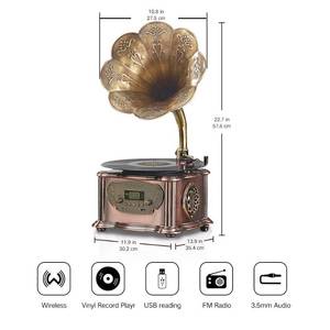 lot 61679 image: Phonograph Turntable Wireless Speaker, with Aux-in, FM Radio, USB Port for Flash Drive, Aluminum Gramophone Vintage Retro Style (Bronze)