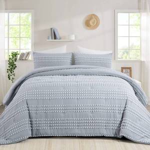 lot 61704 image: Hombys Pom Pom Oversized King Comforter Set, Light Gray
