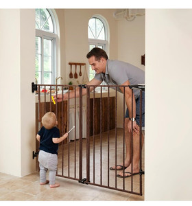 lot 61734 image: Babelio 34in Extra Tall BabyDog Gate with No Threshold Design Walk Thru Door, 26-43 Inch Wide, Dark Brown Wood Pattern