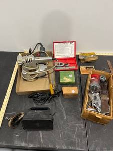 lot 1250 image: 2 Boxes Full of Power Tools & Hardware (Power Tools & Spot Light Powers On)