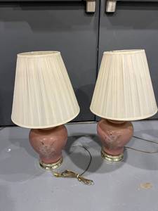 lot 1284 image: 2 Pinkish-Purple Floral Designed Table Lamps (Both Power On)