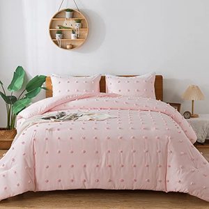 lot 43357 image: Paxrac Tufted Pink Queen Comforter Set (90x90 inches), 3 Pieces- Soft Cotton Blush Lightweight Comforter with 2 Pillowcases, Chenille Dots All Season Down Alternative Comforter Set for Bedding