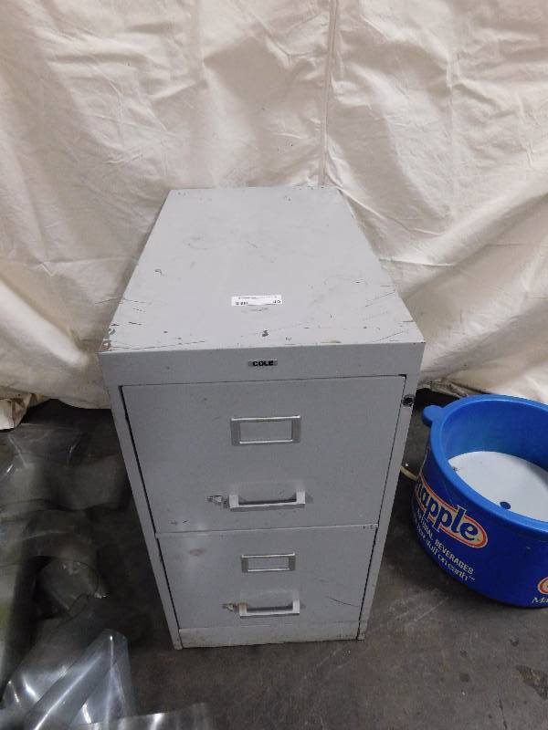 lot 49 image: Lot of Two Drawer File Cabinet, Countertop Insulated Drink Holders, Shower Curtain
