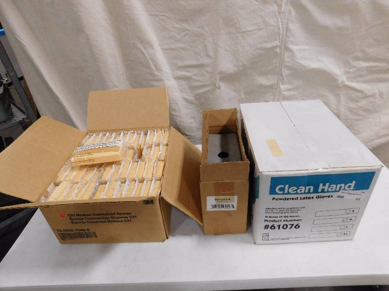 lot 65 image: Lot of Towel Dispenser, Box of Clean Hand Powdered Latex Gloves, and Box of Sponges