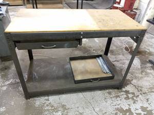 lot 309 image: 48 W x 35 H x 24.5 D Metal Workbench with 2 Drawers