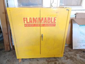 lot 348 image: Edsal 43W x 46H x 18D Yellow Locking Flammable Liquids Safety Cabinet, Model Number SC300F with Key