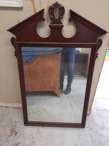 lot 447 image: Vintage Wood Framed Wall Mirror with Saint Christopher Medal 36 x 27