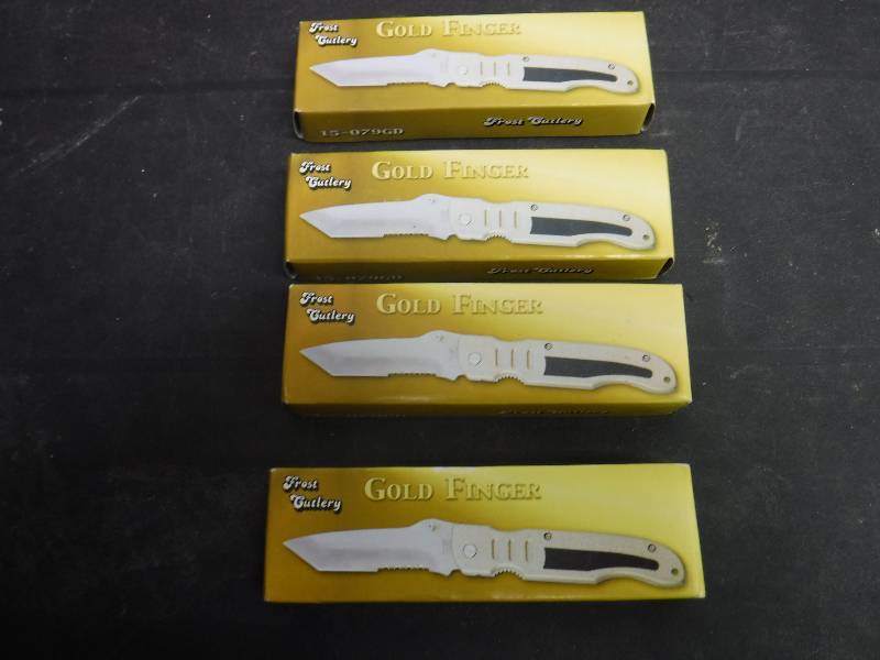 lot 3189 image: FROST CUTLERY LOCK BACK POCKET KNIFE GOLD FINGER QTY 4