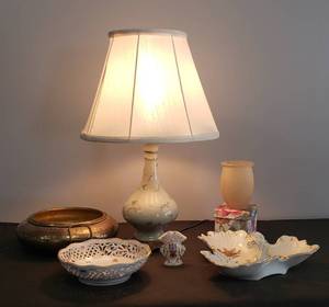 lot 2 image: Vintage Porcelain Bottle Lamp with Gold Trim, Brass Planter, Vintage Porcelain Transferware Bowl, Server & Welsley China Mini Vase, Candle Jar and Floral Box